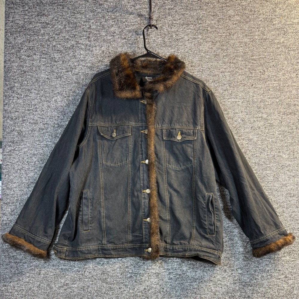 Dennis Basso Black Denim Faux Fur Trim Button Front Jacket Dark Wash